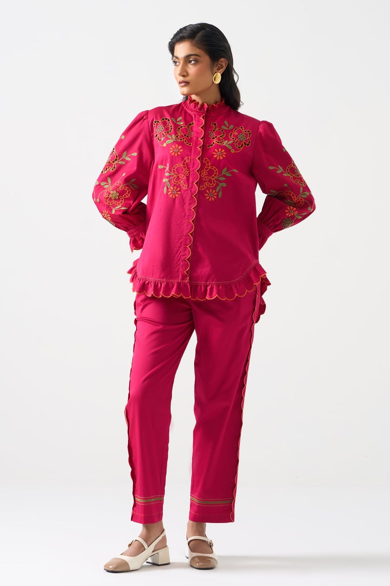 Hot Pink Embroidered Ruffle-Trim Mandarin Collar Shirt