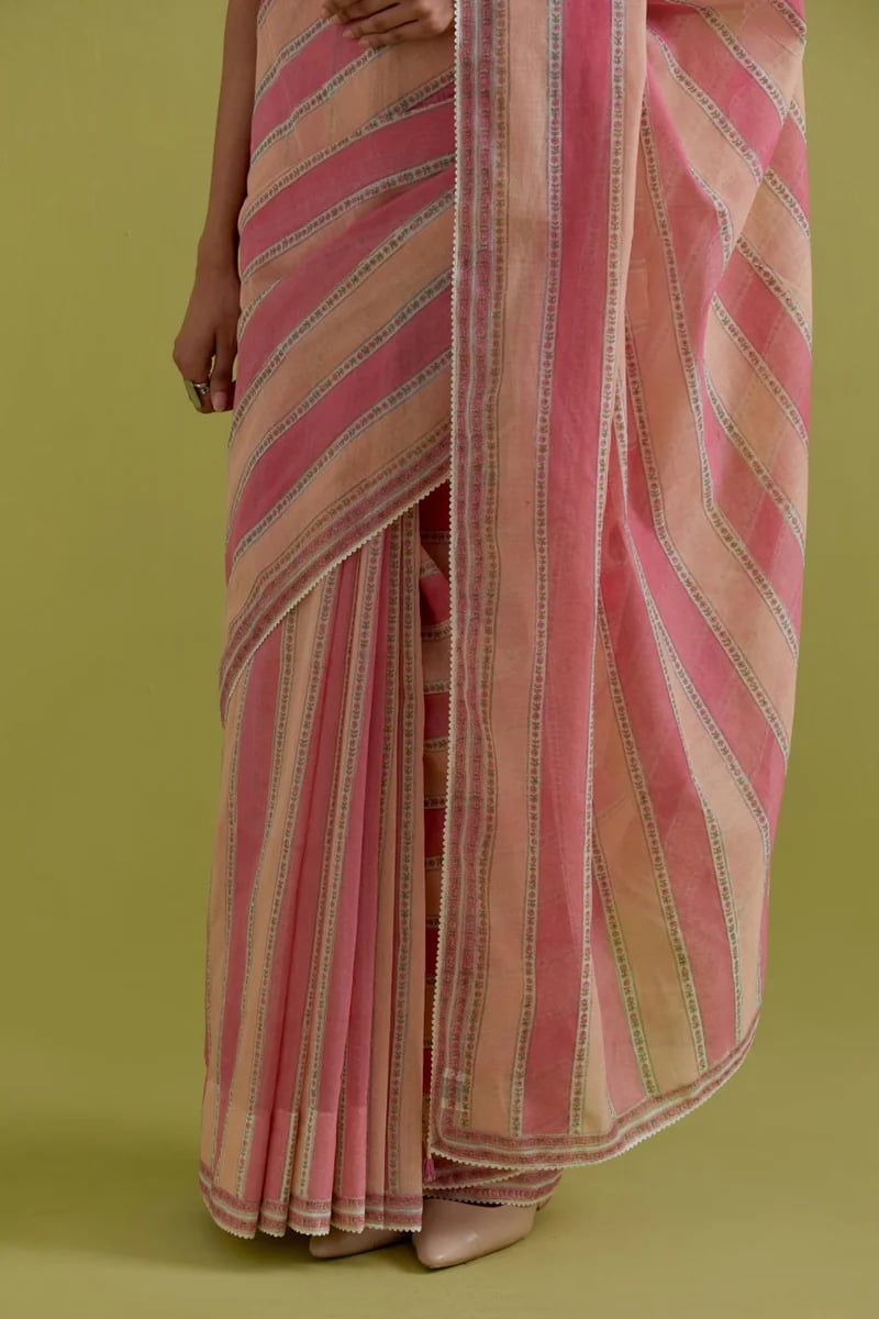 Peach Pink Cotton Chanderi Saree Highlighted
