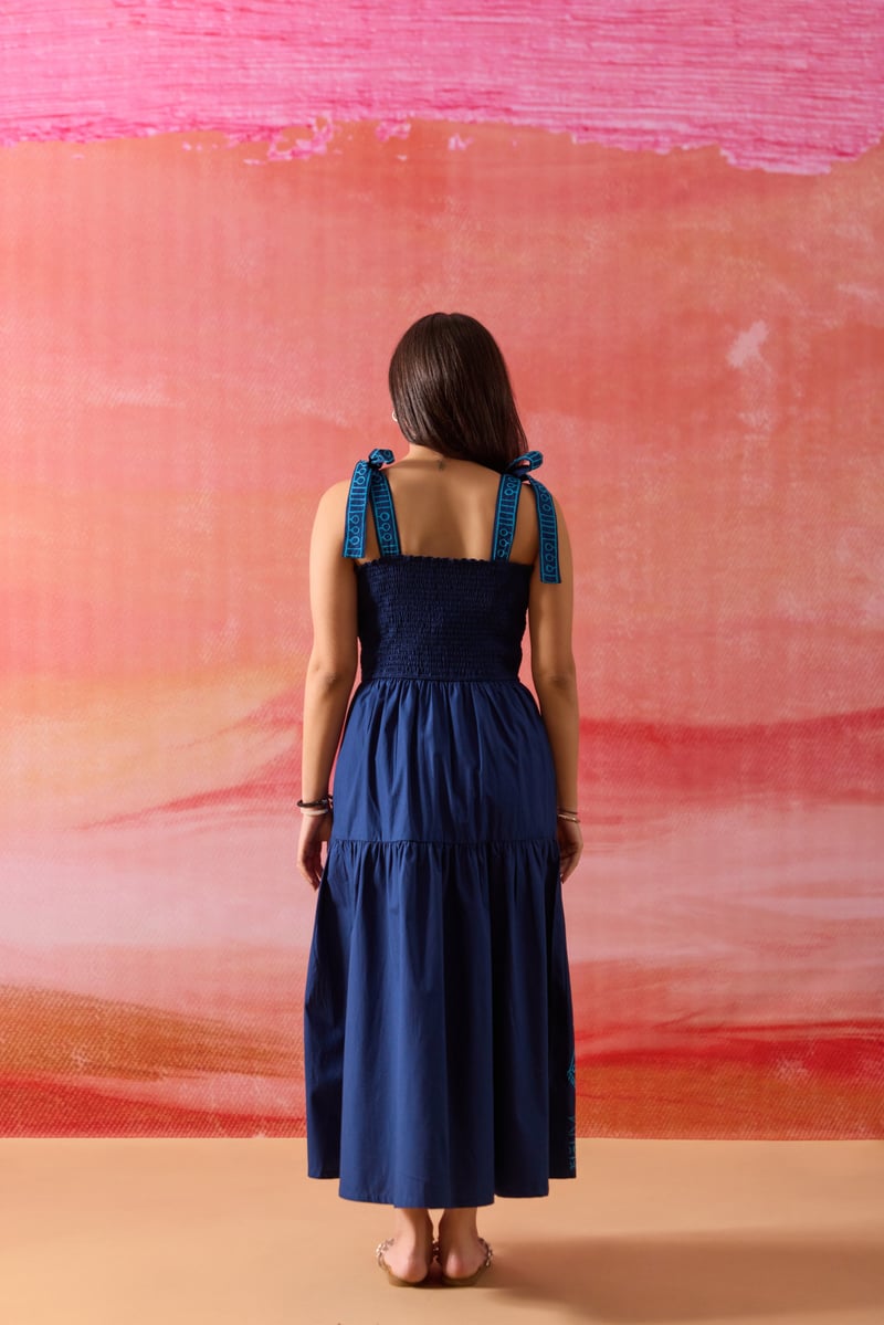 Blue Smocked Tiered Midi Dress with Embroidered Ties