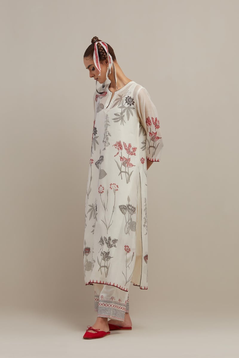 Off White Floral Block Print Cotton Chanderi Kurta Set