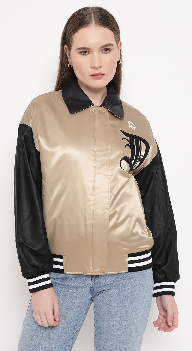Beige and Black Colorblock Varsity Bomber Jacket
