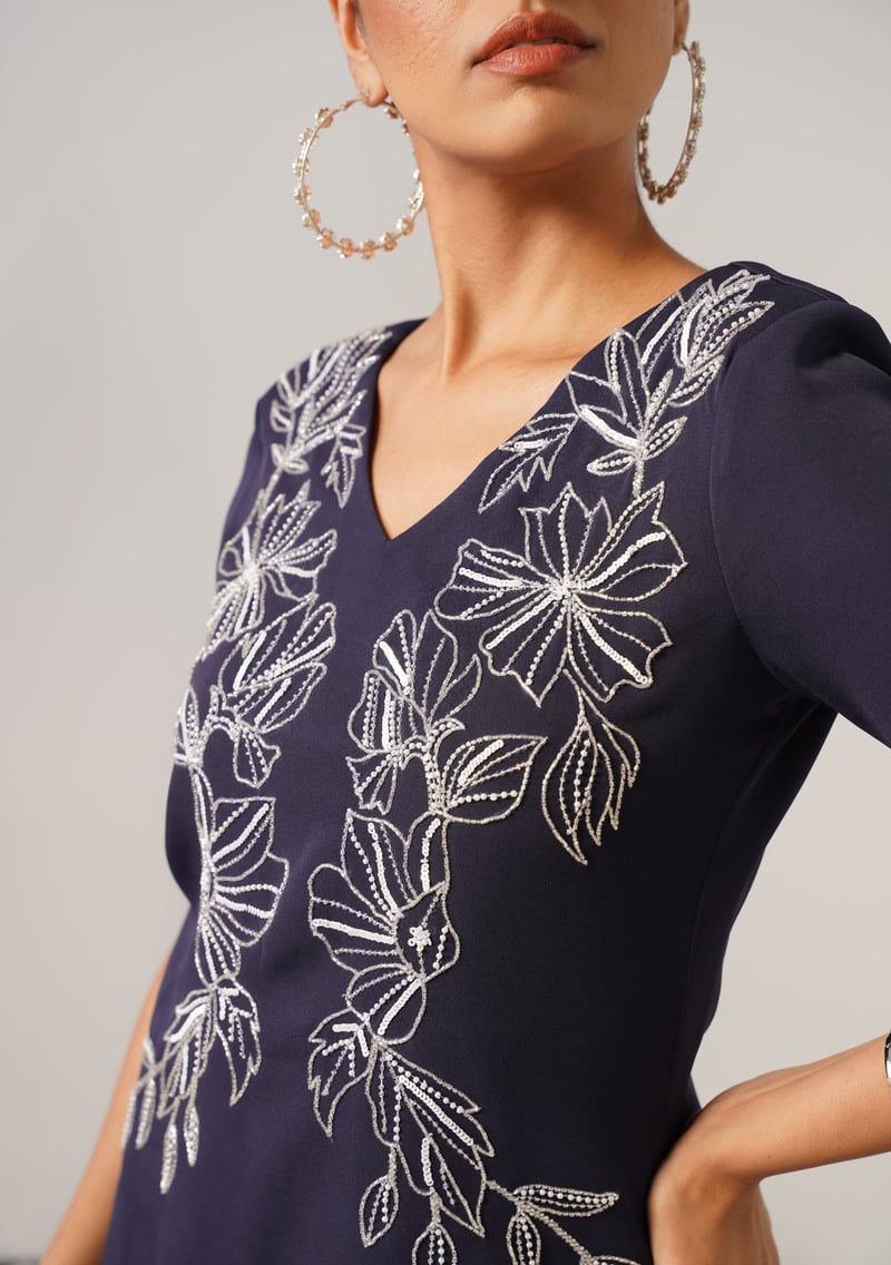 Navy V-Neck Embroidered Maxi Dress
