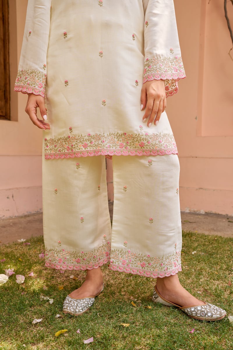 Ivory and Pink Chanderi Embroidered Straight Suit Set
