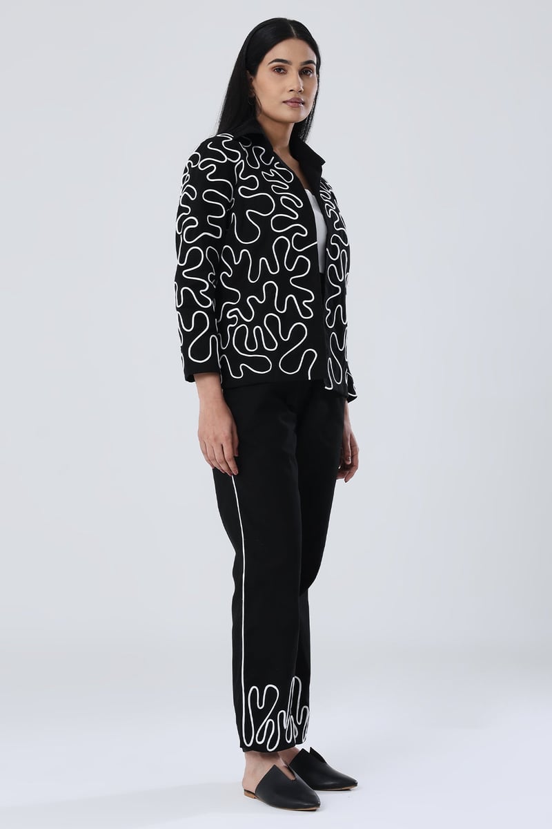 Black Organic Cotton Twill Blazer with White Dori Work
