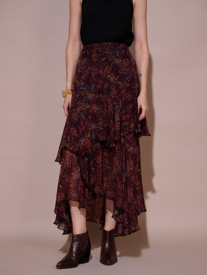 Wine Paisley Tiered Ruffle Midi Skirt