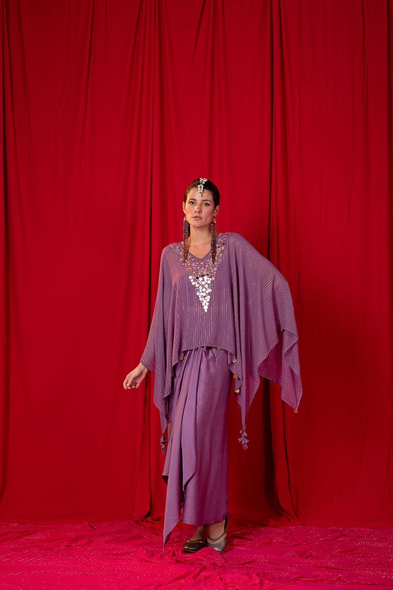 Lavender Shimmer Cape and Draped Maxi Skirt Co-ord Set