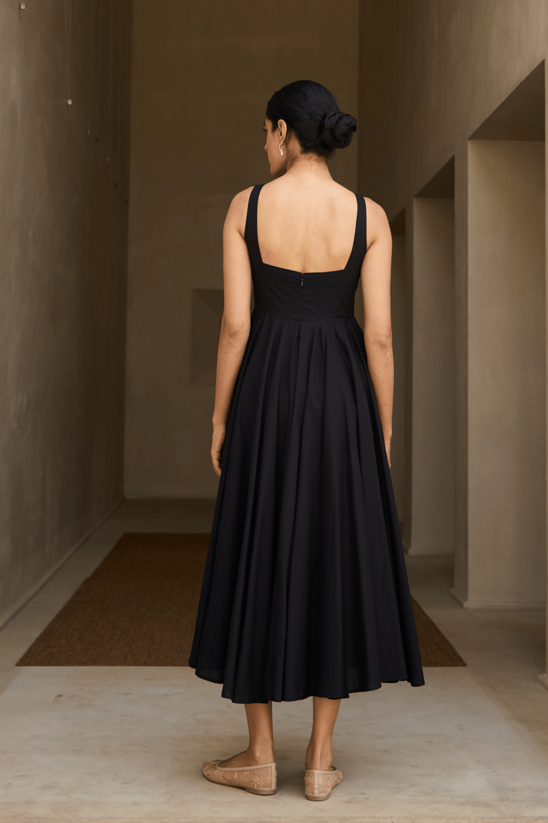 Black Organic Cotton Fit and Flare Midi Dress with Pockets