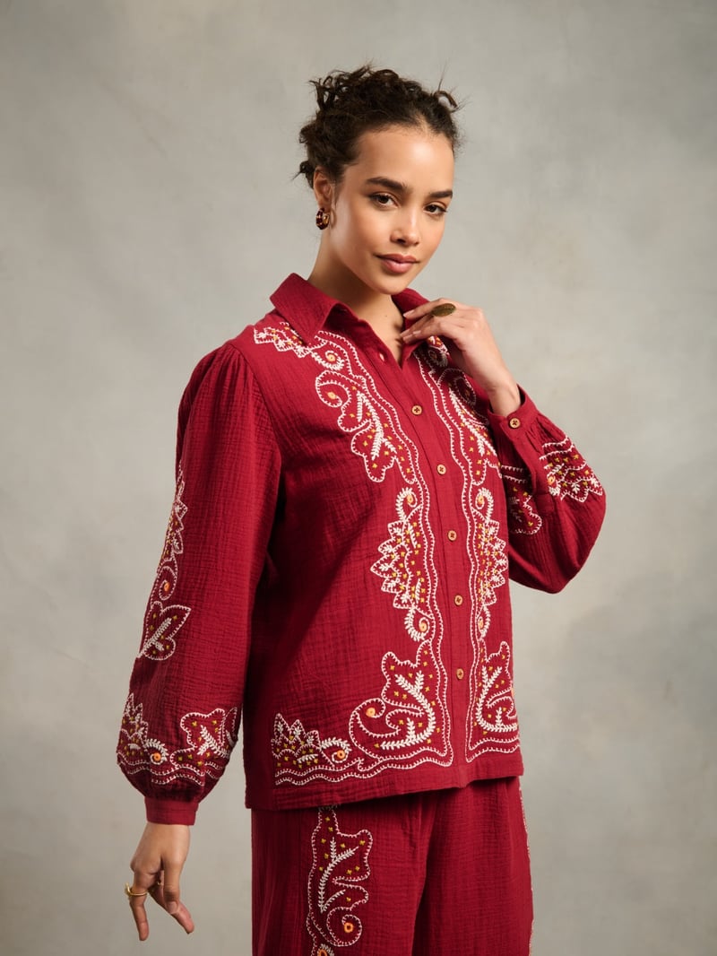Maroon Embroidered Cotton Button-Down Shirt