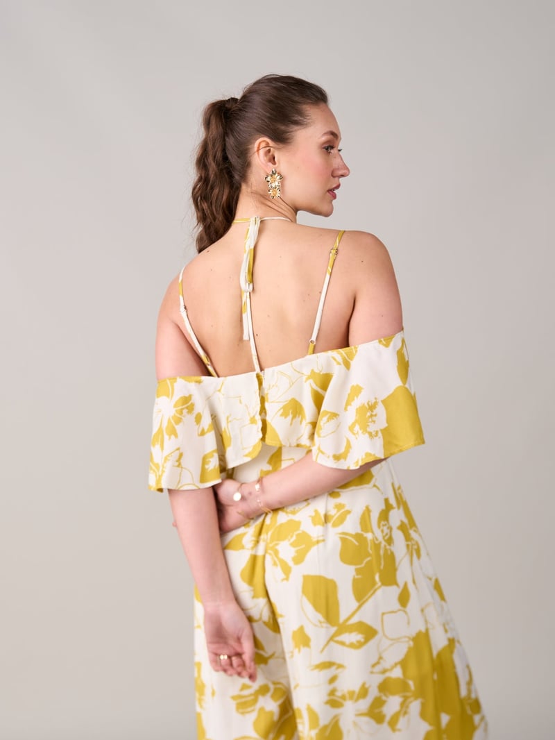Yellow Floral Halter Neck Cold-Shoulder Wide-Leg Jumpsuit