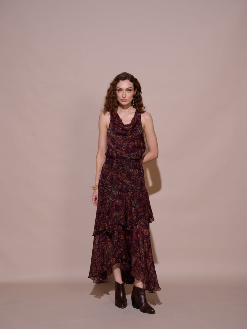 Wine Paisley Print Cowl Neck Sleeveless Top