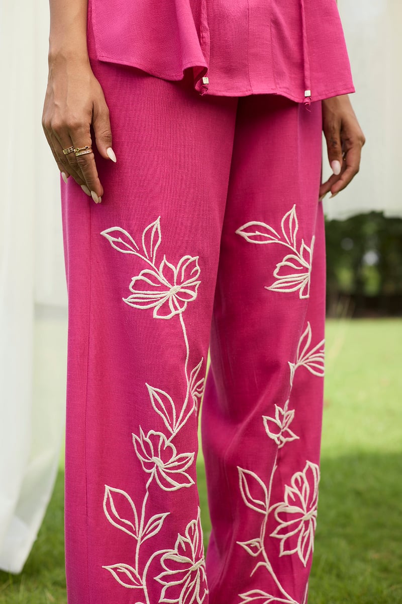 Hot Pink Linen Cotton Shirt and Embroidered Pants Co-ord Set