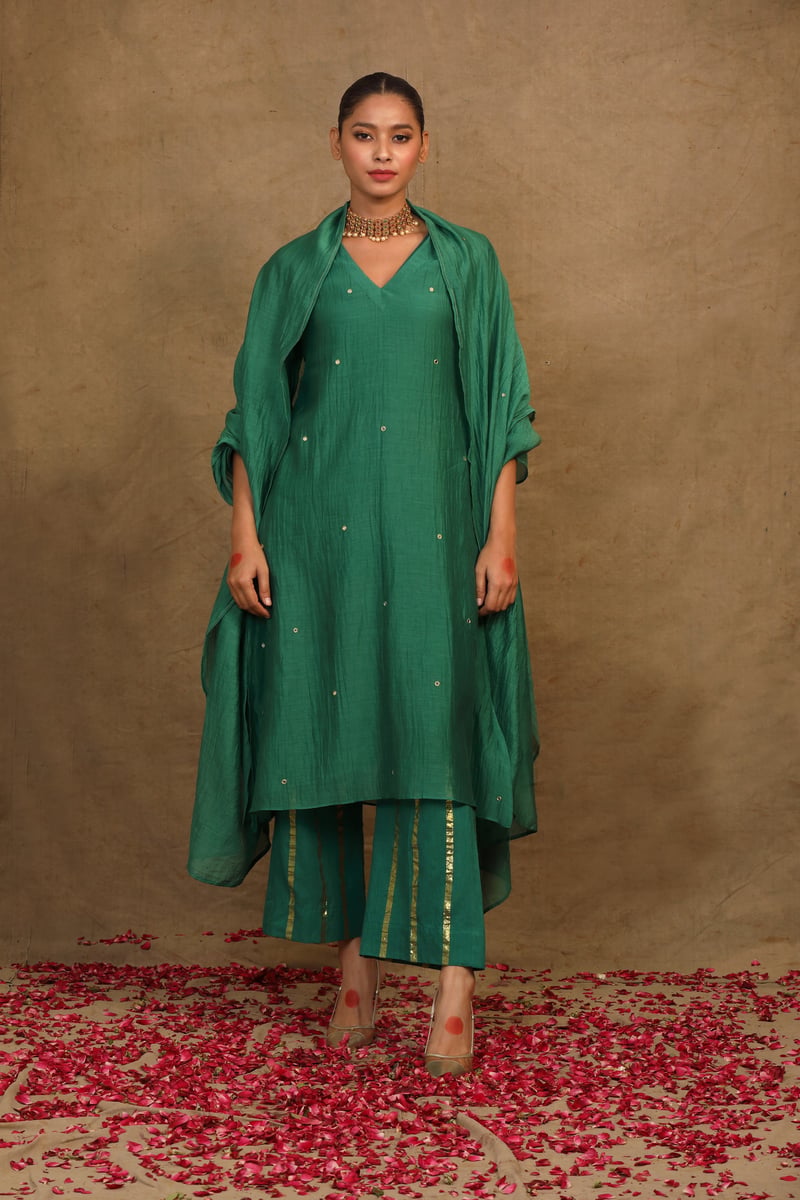 Emerald Green Mirror Work Silk Chanderi Kurta Set — Trendy Tokari