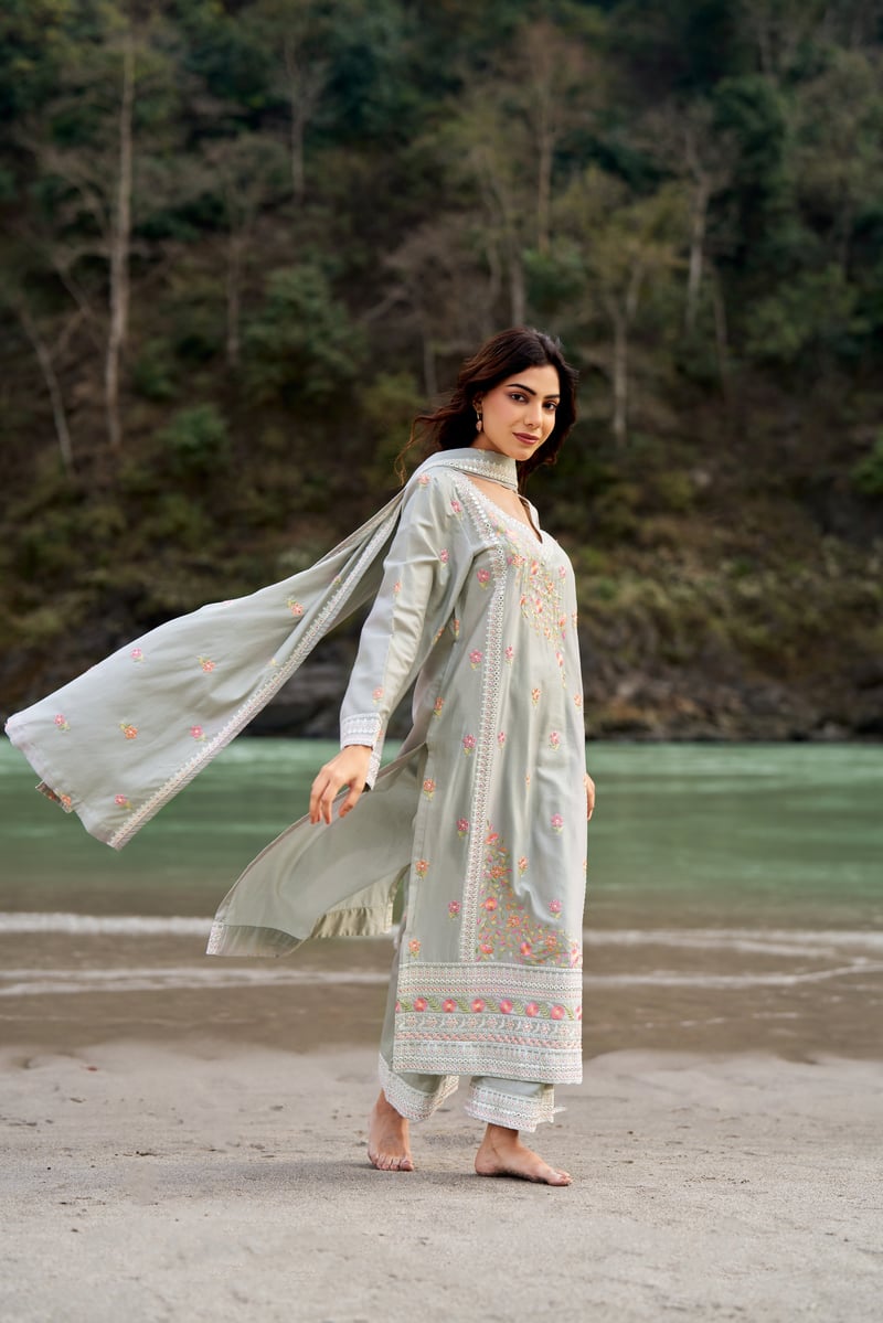 Grey Cotton Embroidered Straight Kurta Set with Dupatta
