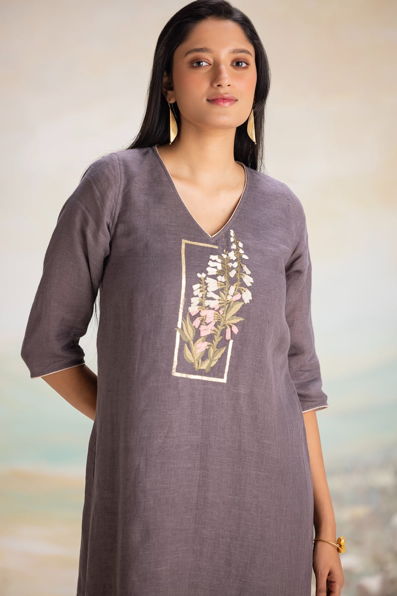 Iron Linen V-Neck Embroidered Fit and Flare Midi Dress