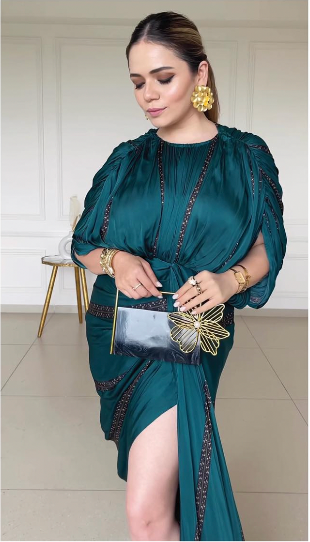 Teal Draped Kaftan Gown with Front Slit