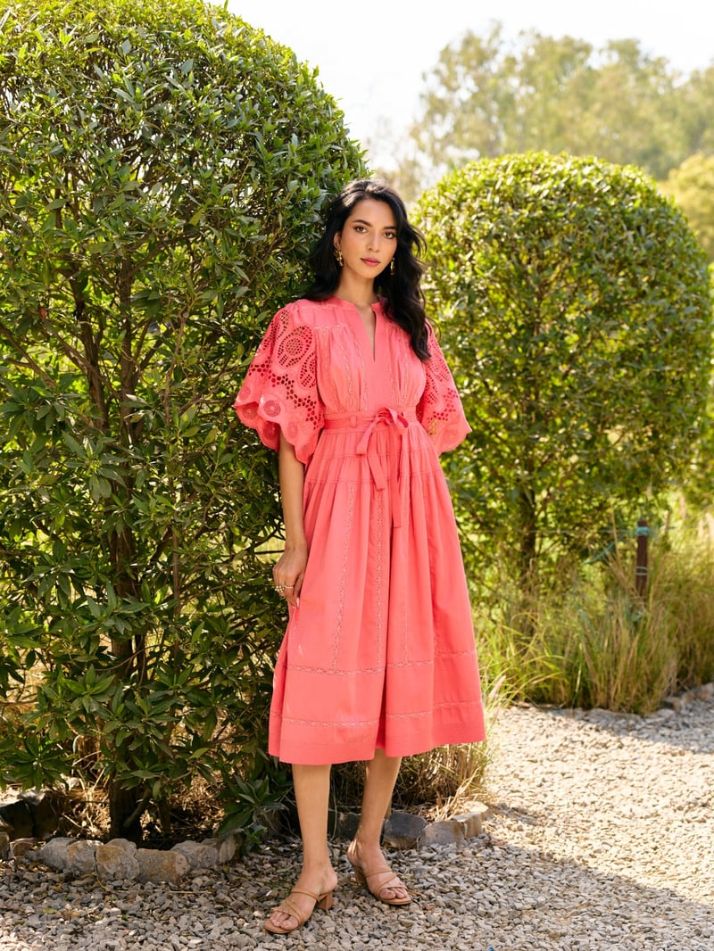 Pink Tiered Midi Dress with Schiffli Sleeves and Belt