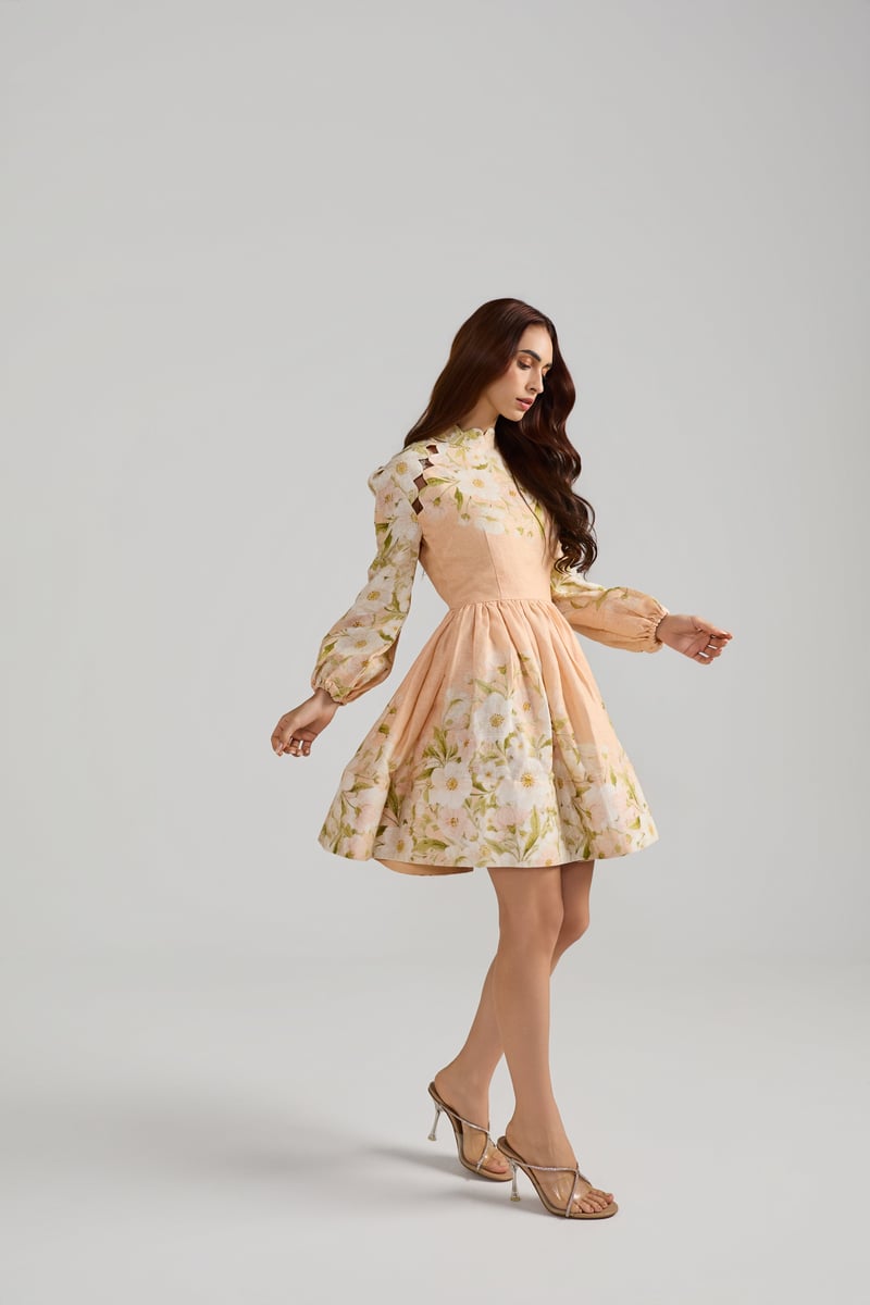 Peach Floral High Neck Fit and Flare Mini Dress