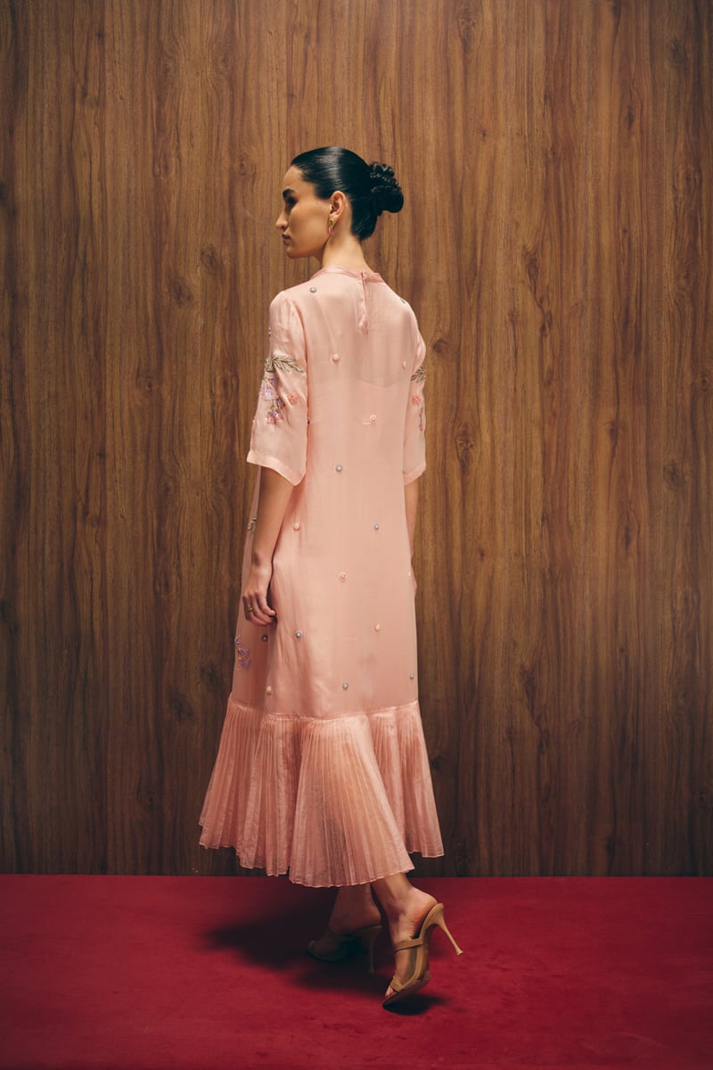 Pastel Pink Satin Organza Embroidered A-Line Maxi Dress
