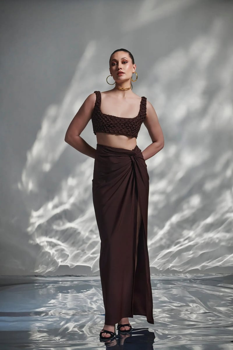 Brown Draped Knot-Detail Maxi Skirt with Slit