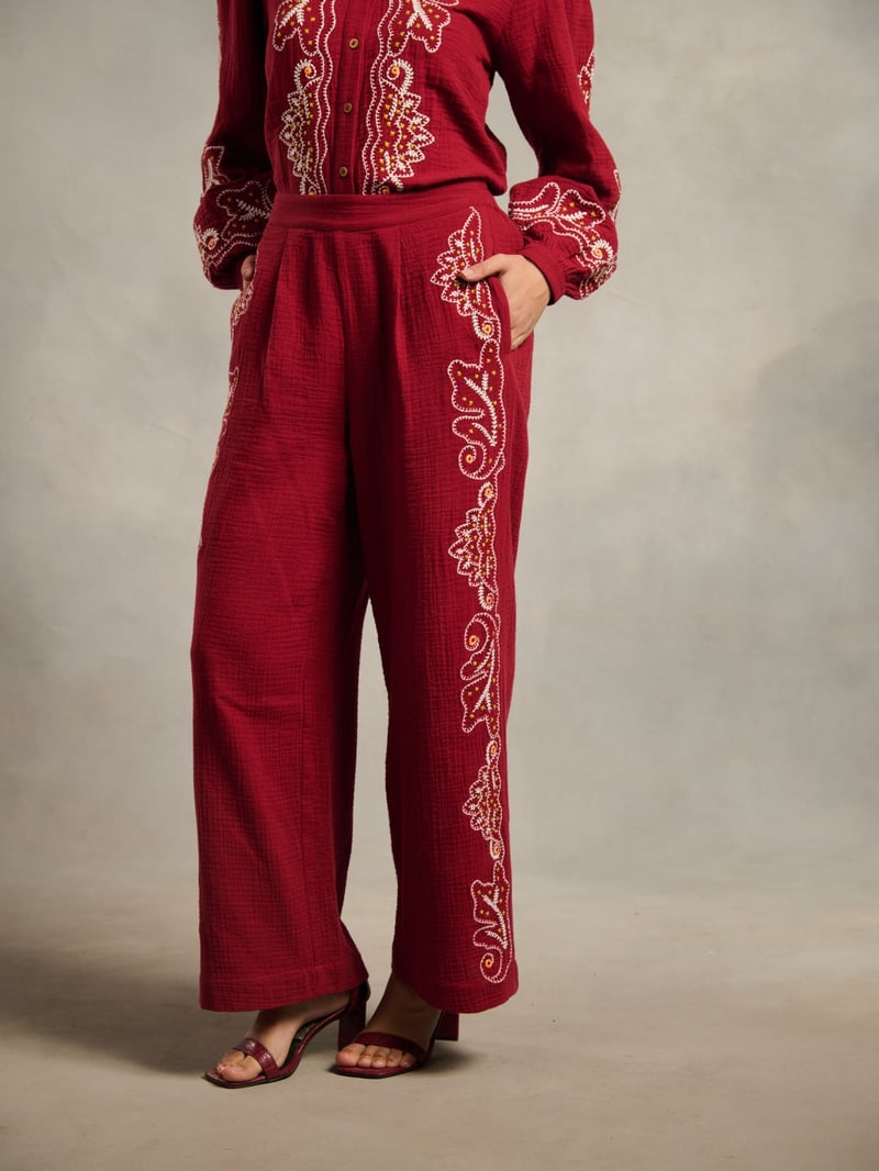 Maroon Embroidered Wide-Leg Cotton Trousers