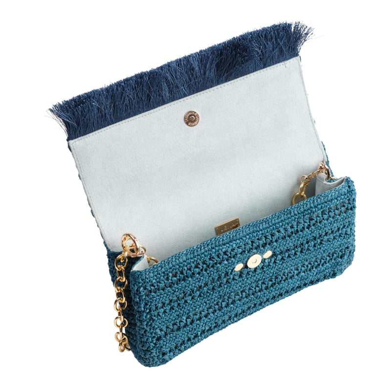 Jena Slim Raffia Clutch With Gold Emblem