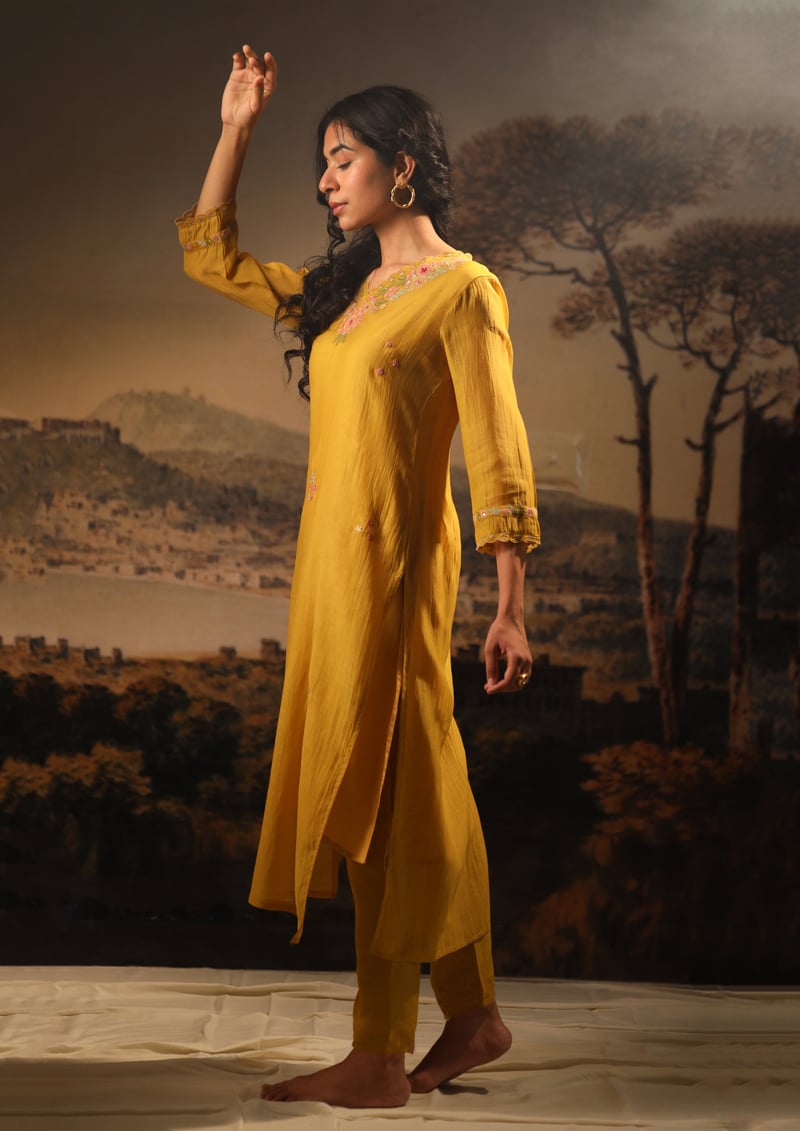 Mustard Handloom Chanderi Embroidered Kurta Set
