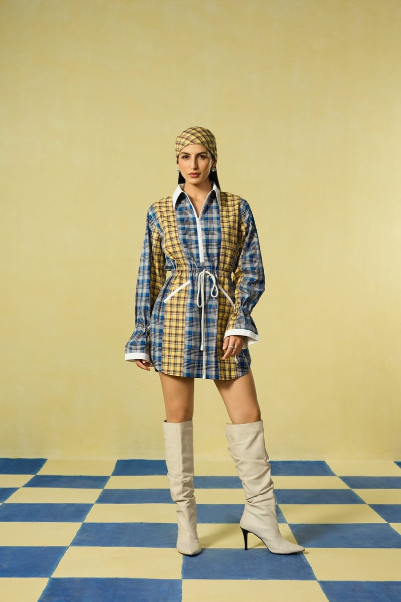 Yellow and Blue Checked Mini Shirt Dress with Half Zip