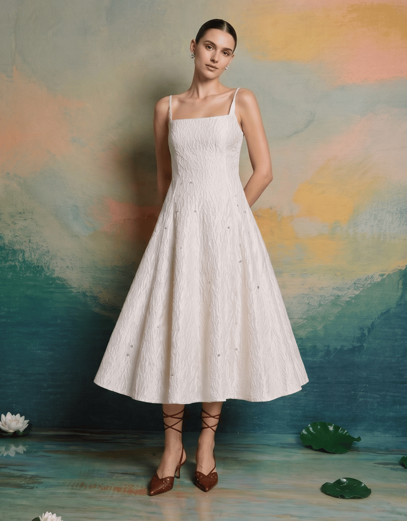 Ivory Embellished Jacquard Fit and Flare Midi Dress — SISTER JANE