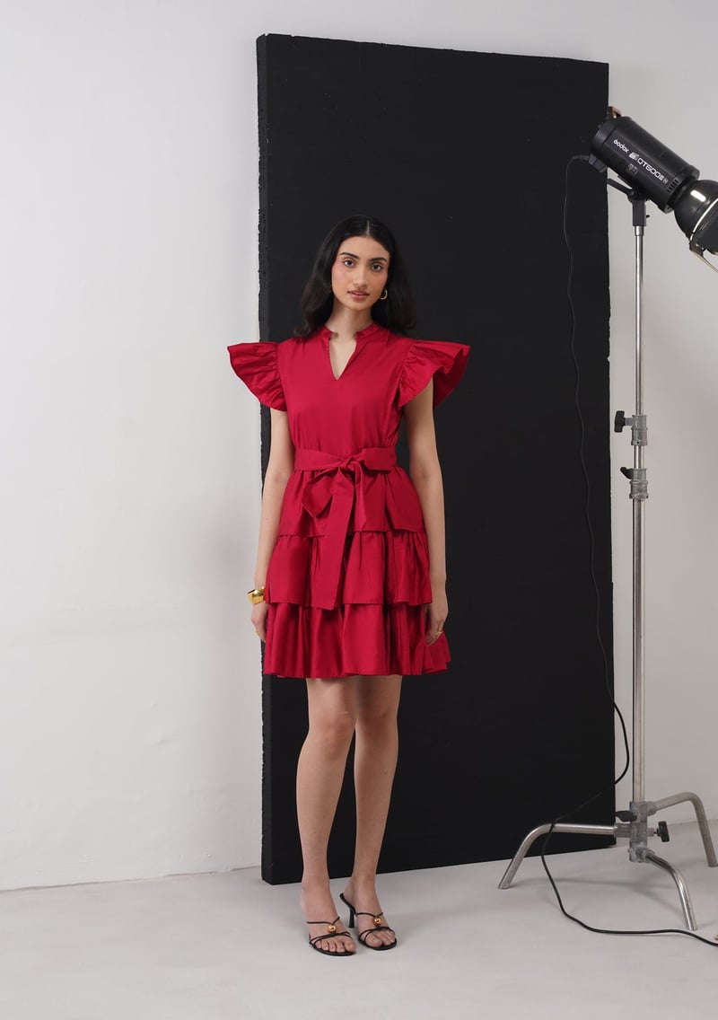 Cherry Red Tiered Mini Dress with Ruffle Sleeves