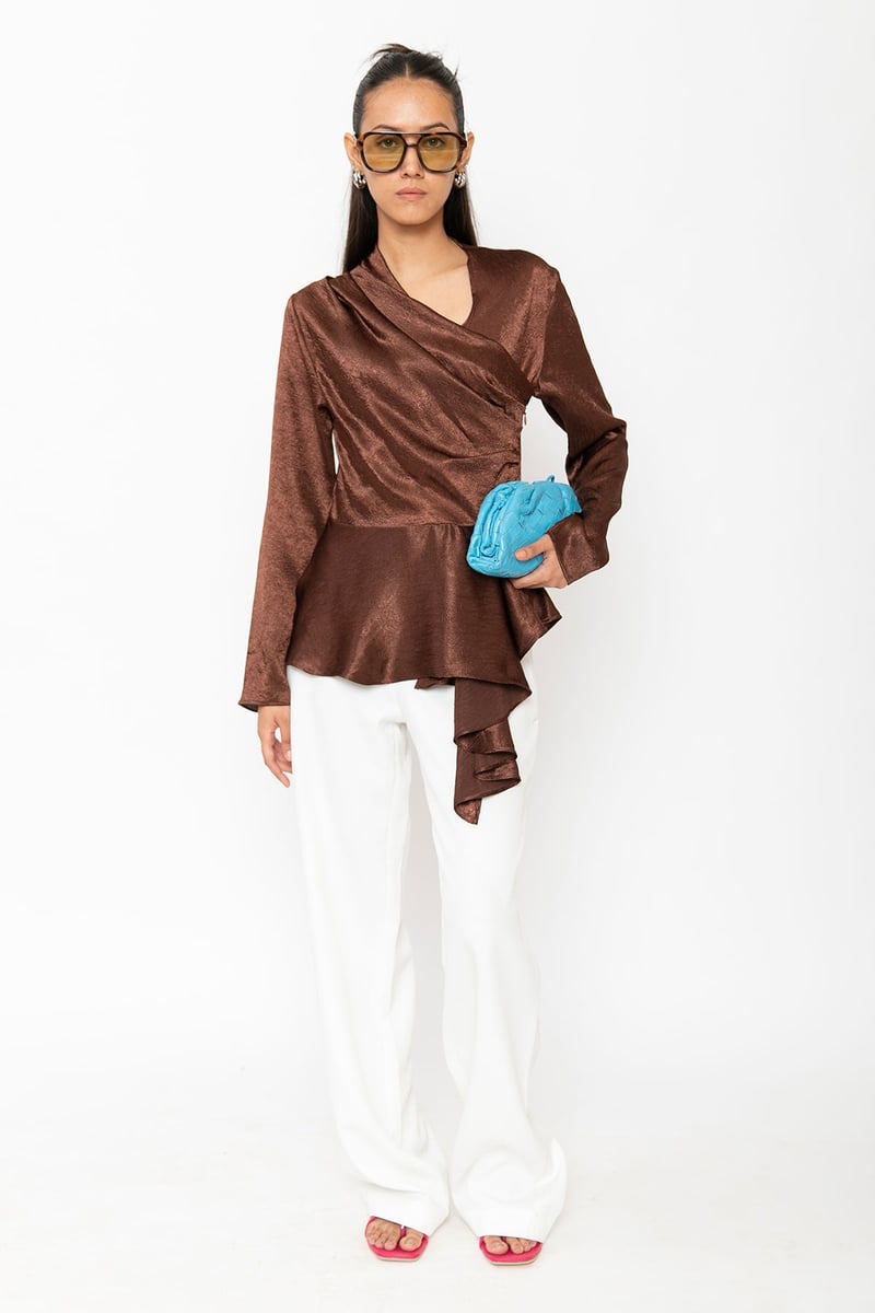 Brown Crushed Satin Wrap-Front Peplum Top