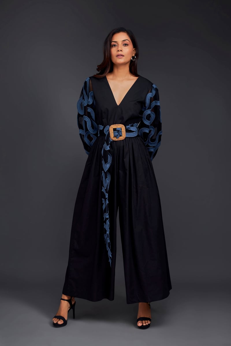 Black and Blue Applique Culotte Jumpsuit
