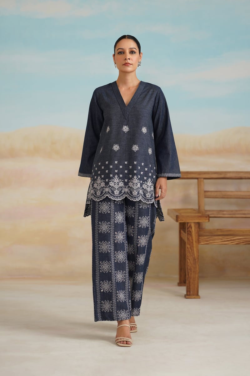 Denim Blue Embroidered Tunic and Wide-Leg Co-ord Set