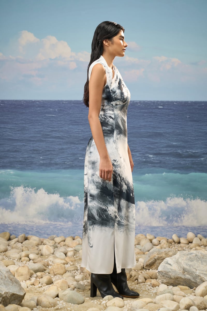 Black/White Abstract Print High-Neck Satin Maxi Dress