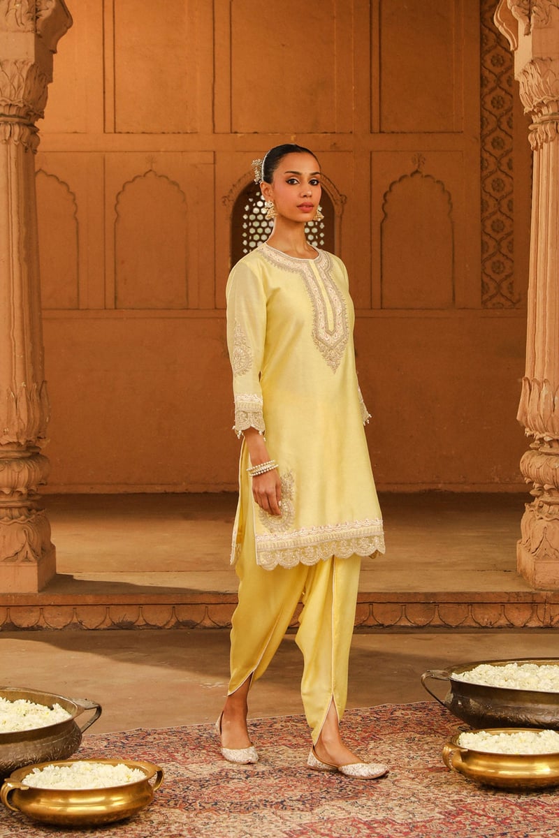 Lemon Yellow Embroidered Straight Kurta Set with Dhoti