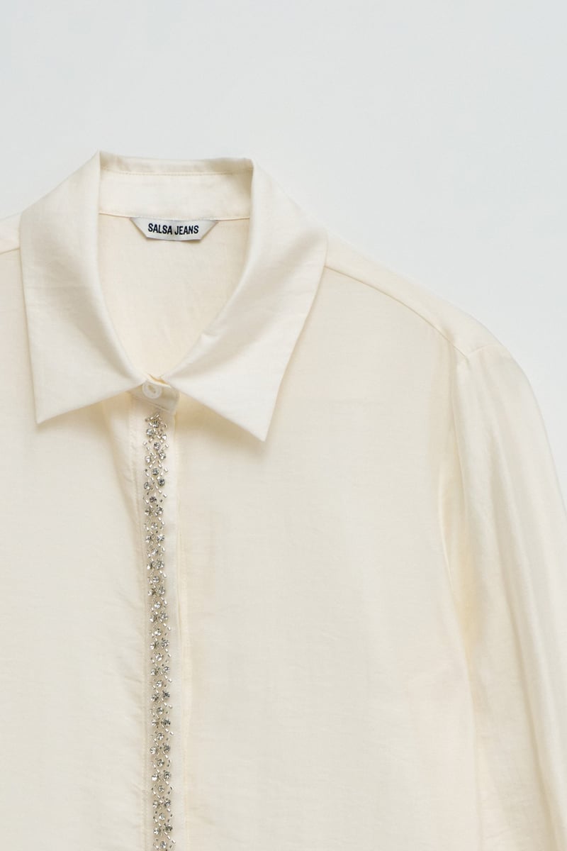 Light Beige Embellished Placket Button-Down Shirt