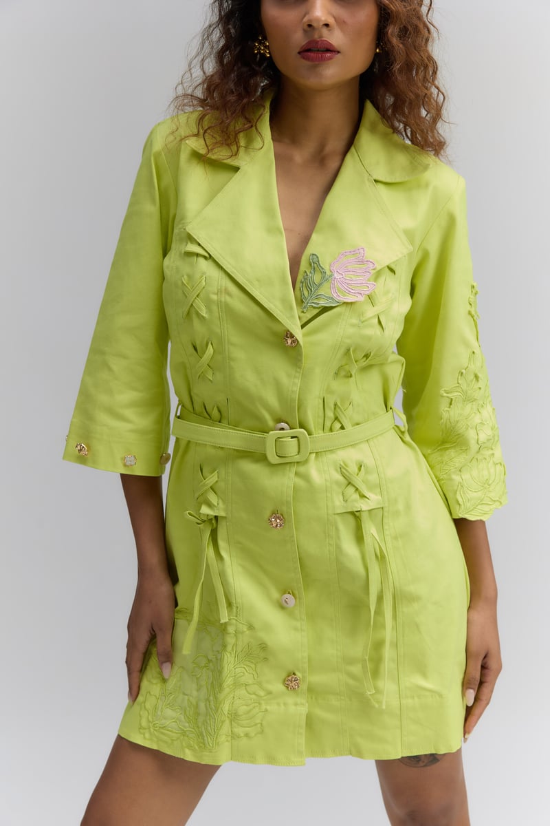 Green Denim Embroidered Blazer Dress