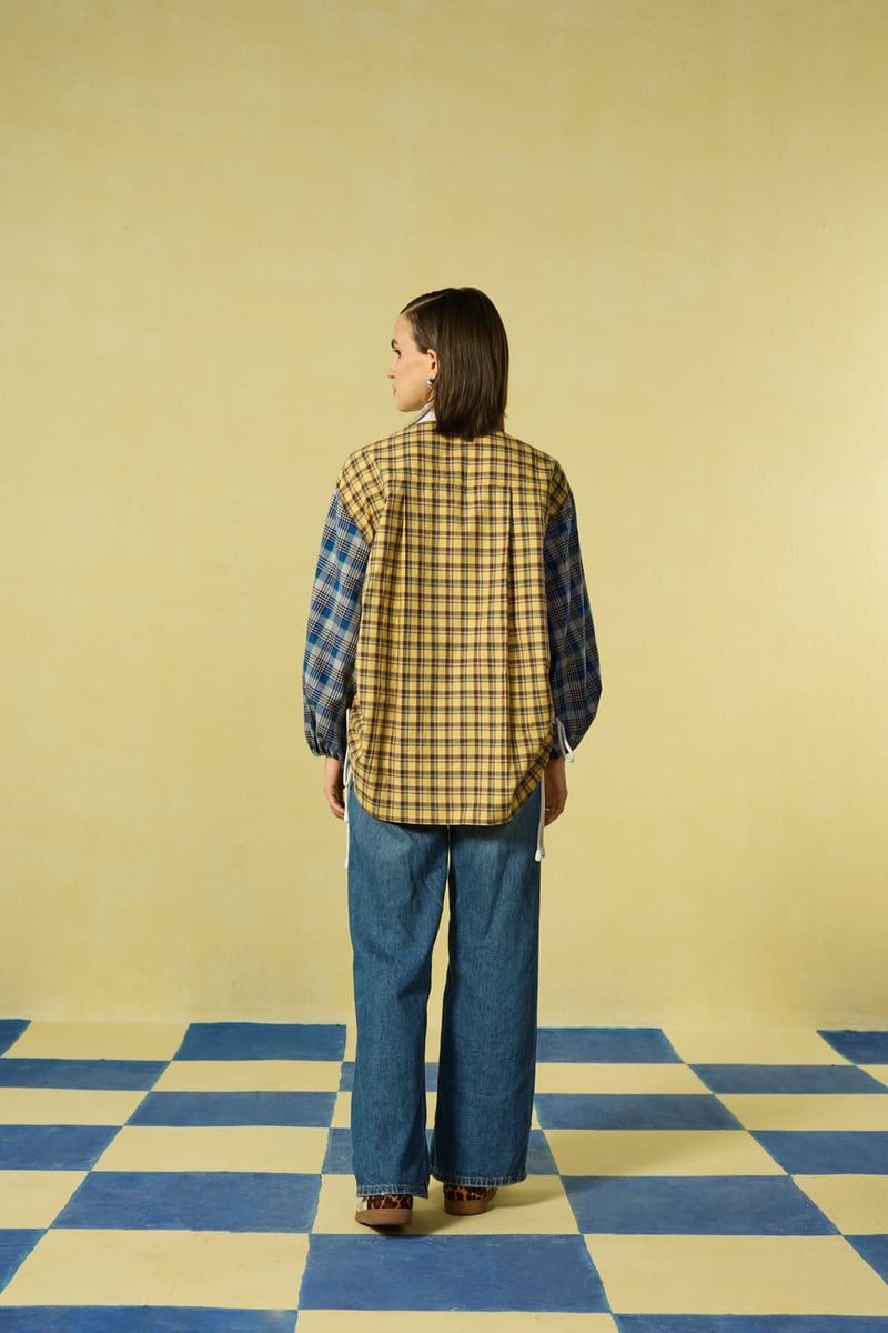 Yellow and Blue Mixed-Check Oversized Shirt