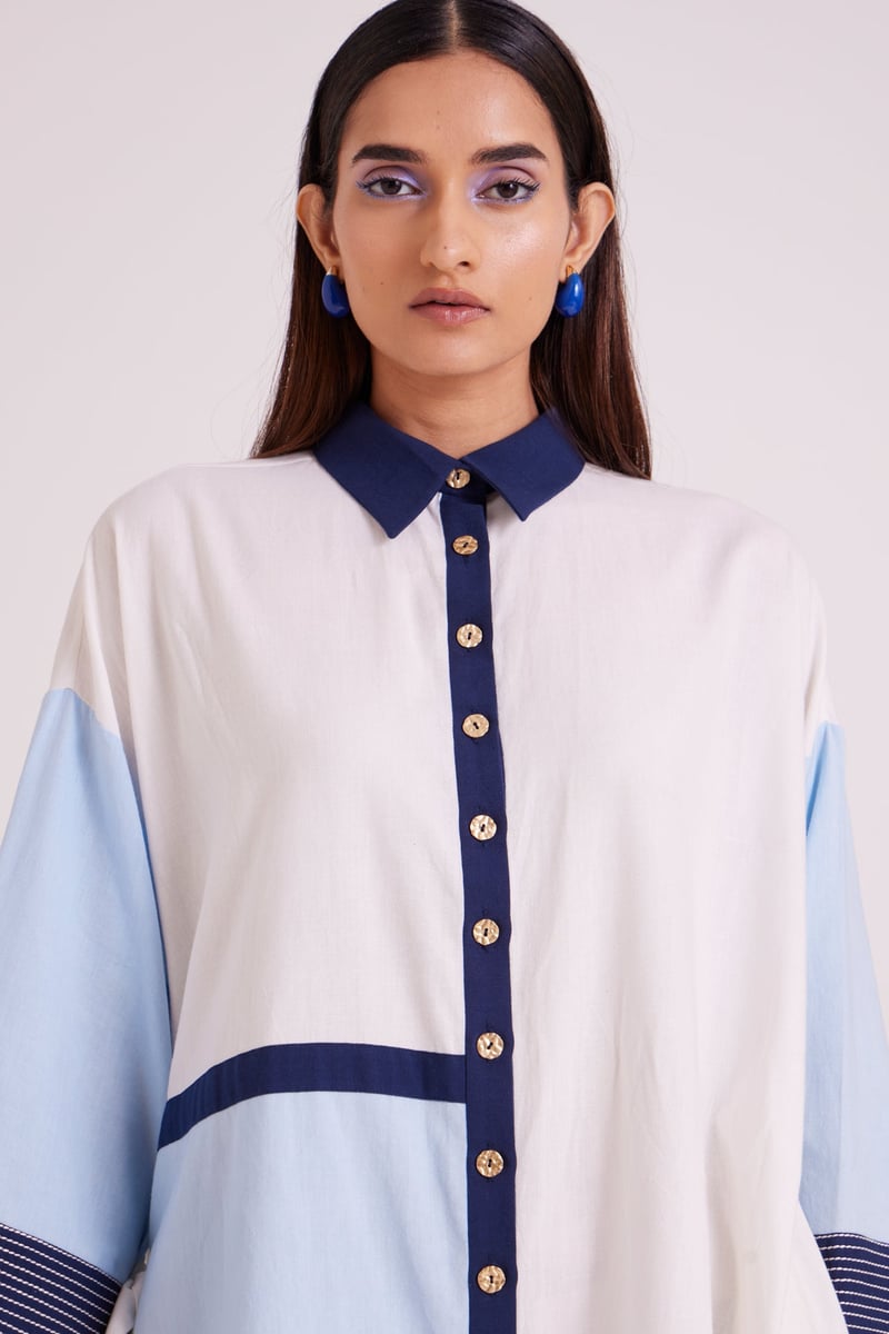 Multicolor Colorblock Oversized Shirt Dress with Pockets
