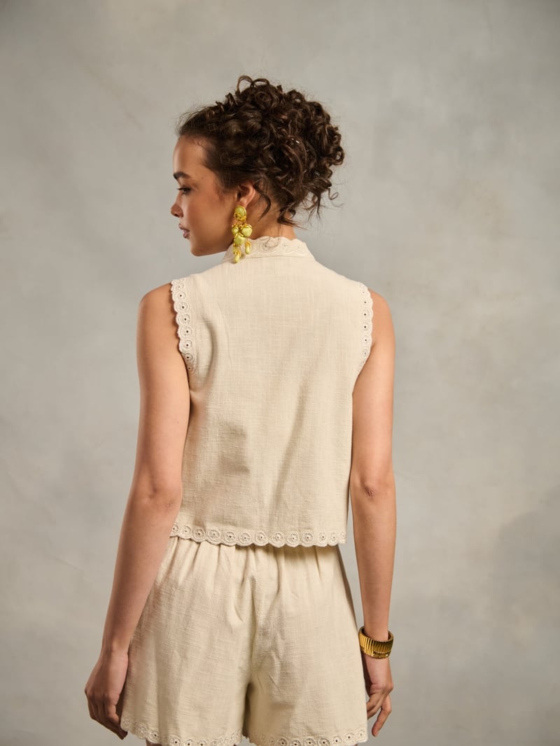 White Cotton Embroidered Cutwork Vest-Style Top