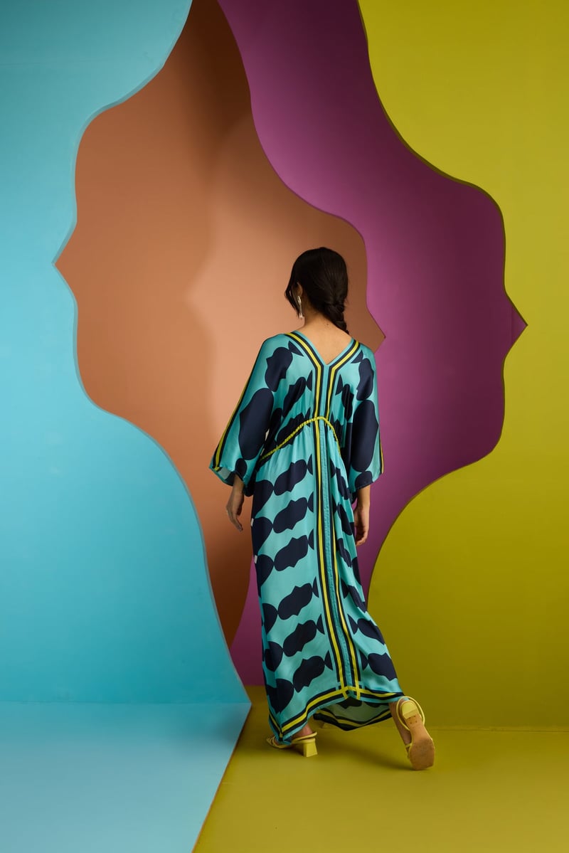 Blue Abstract Print V-Neck Kaftan with Drawstring Waist