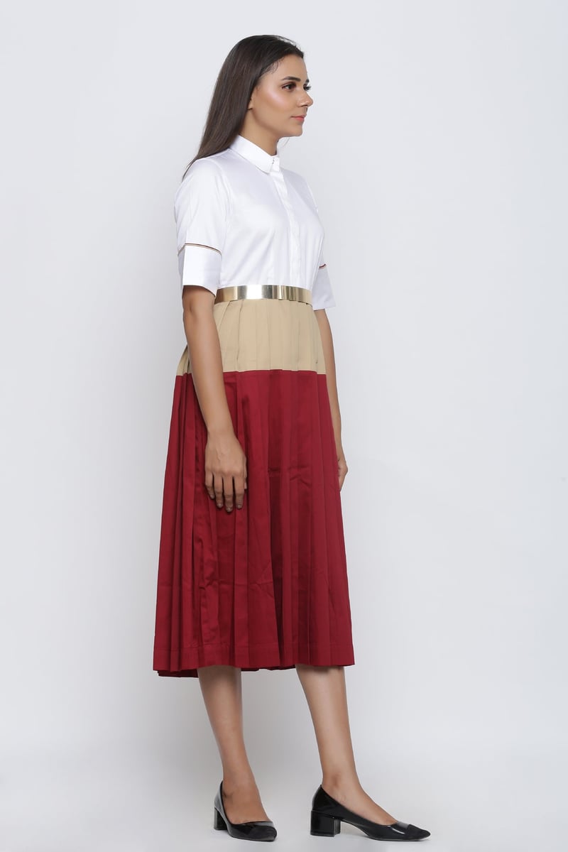 Colorblock Pleated Midi Shirt Dress