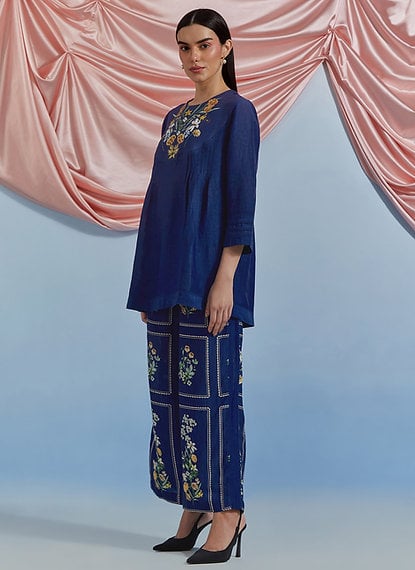 Airforce Blue Embroidered Top and Printed Pants Co-ord Set