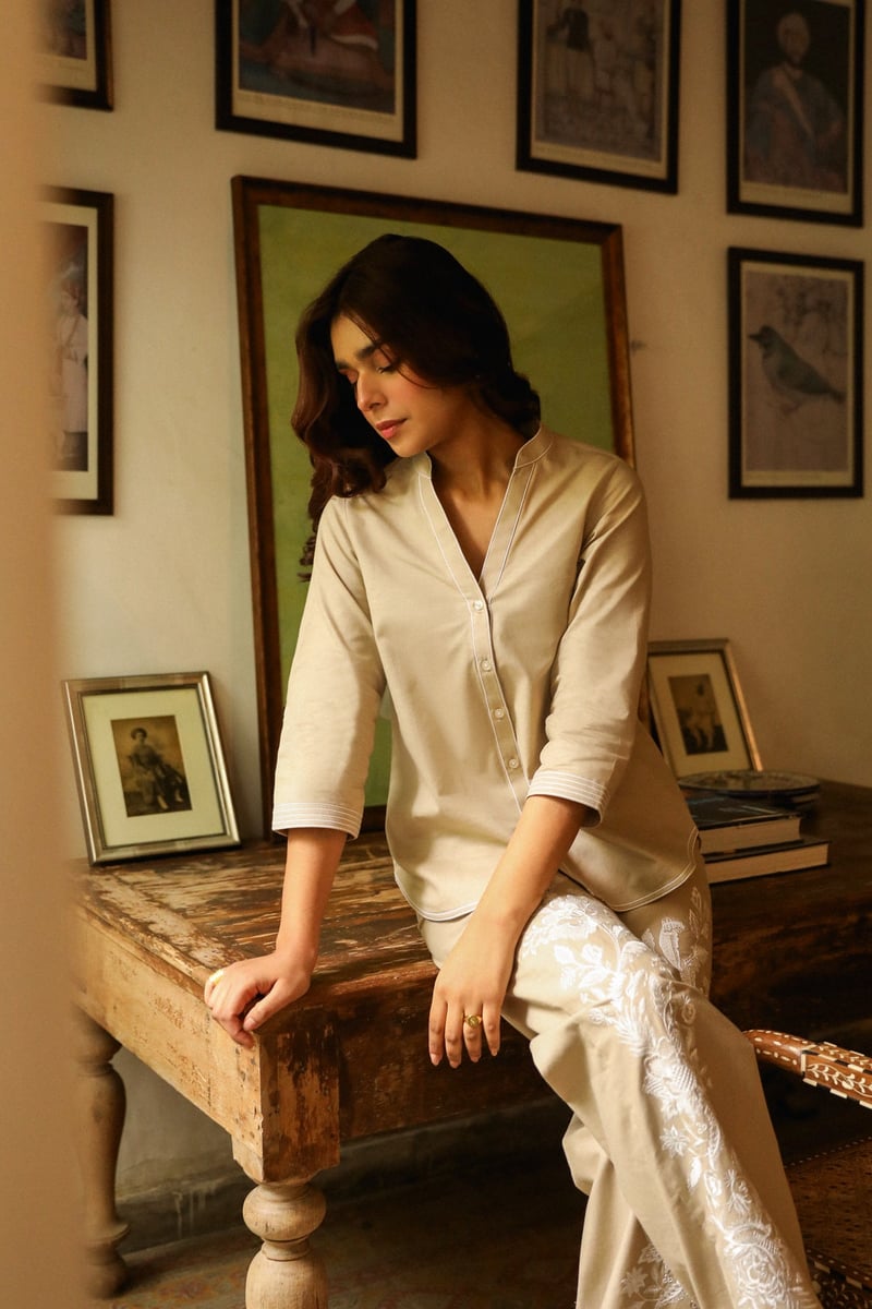 Beige Cotton-Linen Embroidered Co-ord Set