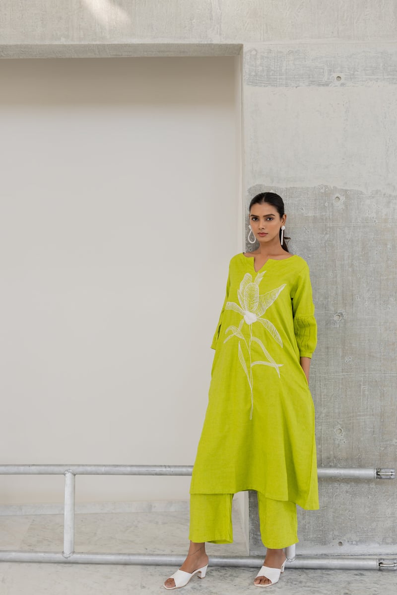 Green A-Line Kurta with White Floral Embroidery