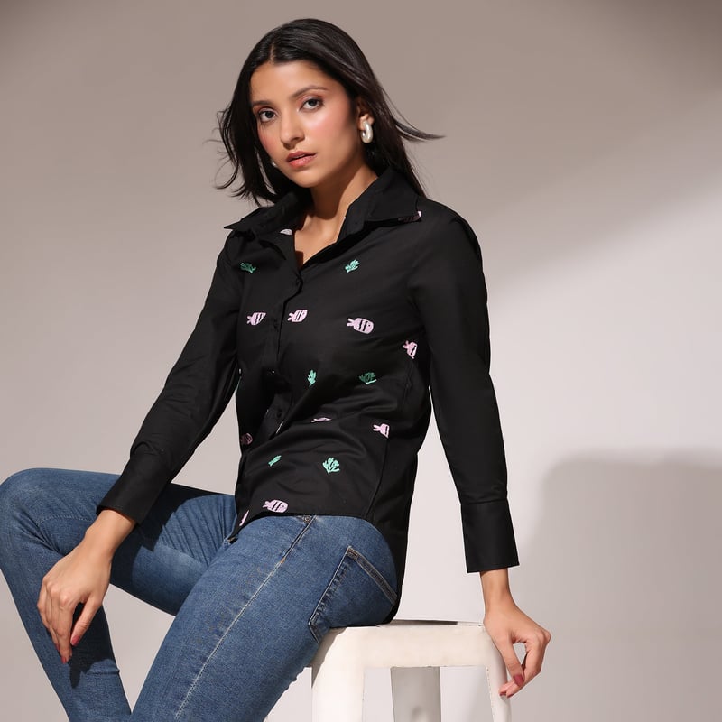Black Cotton Fish Embroidered Button-Down Shirt