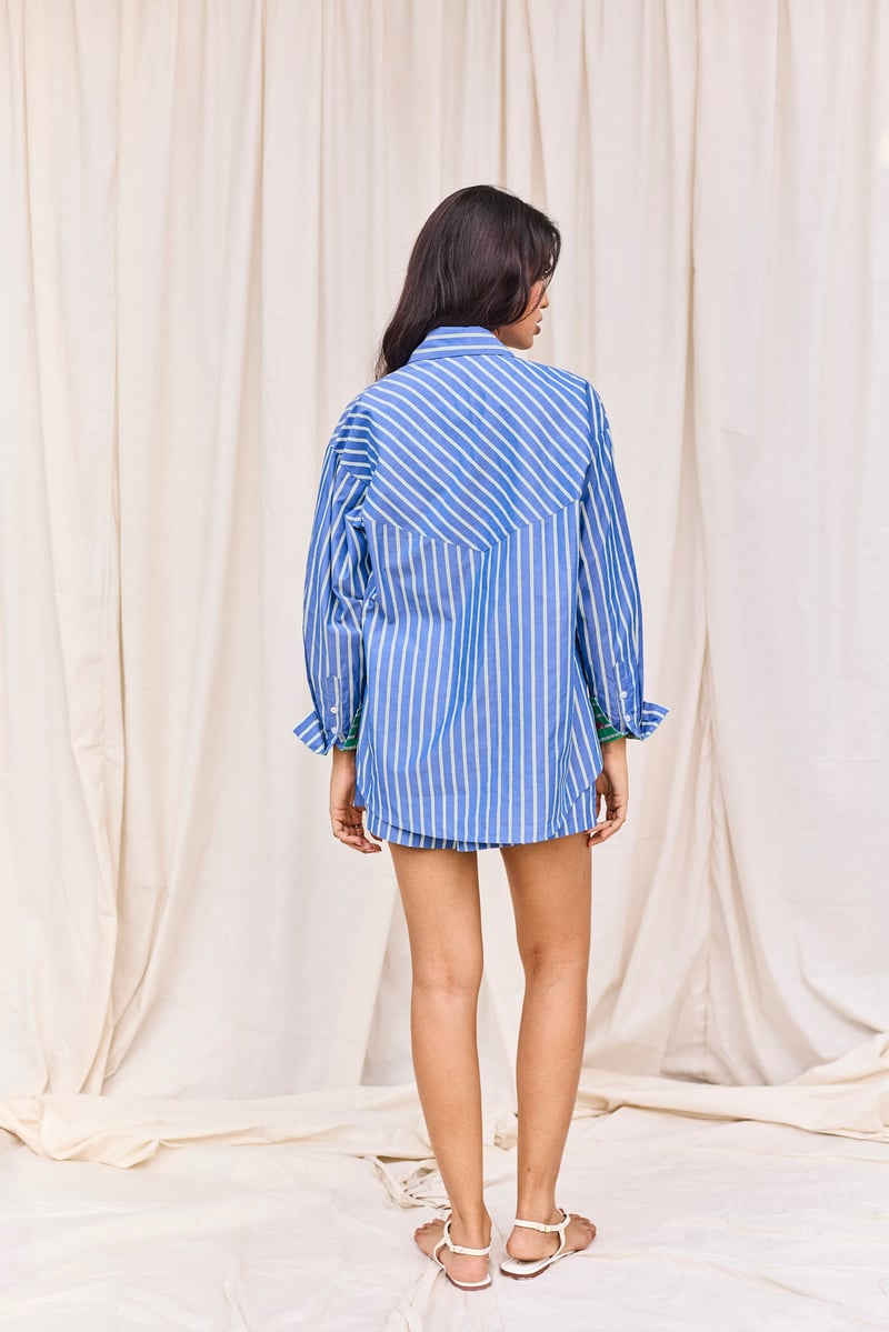 Blue & Green Striped Shirt & Short Set