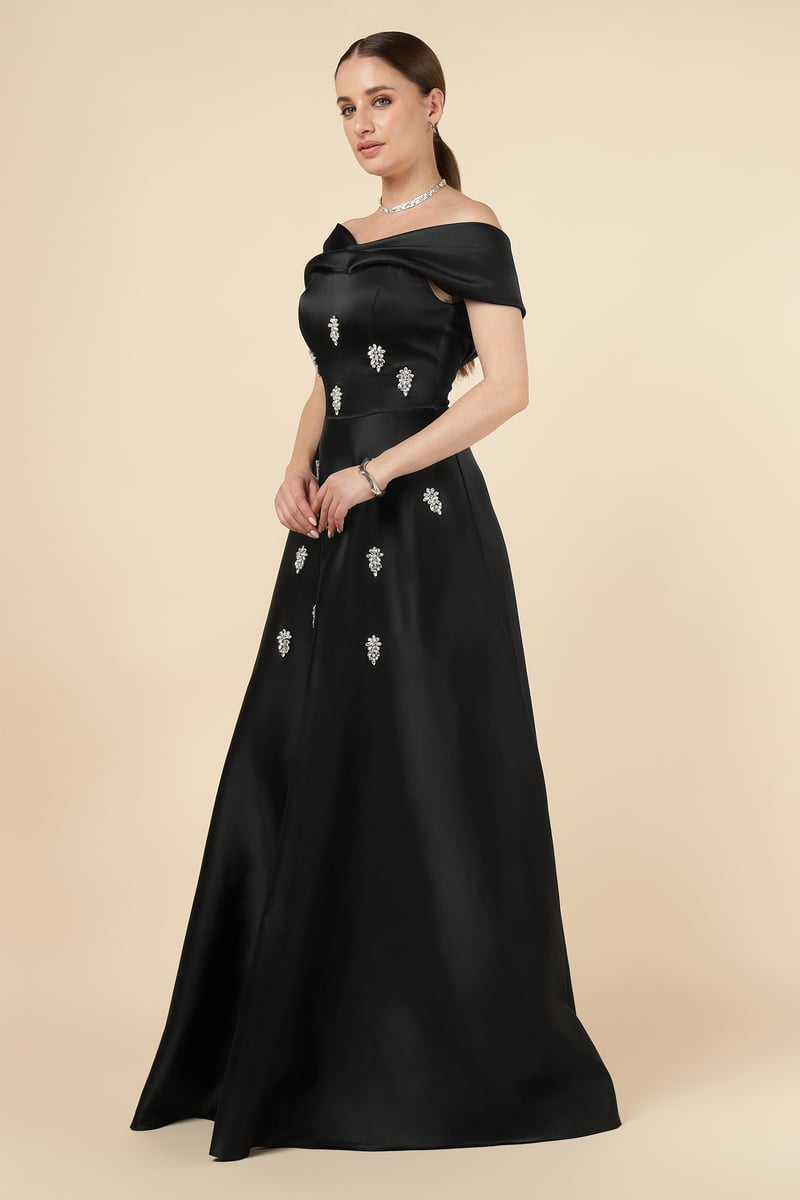 Black Off-Shoulder Embellished Maxi Gown