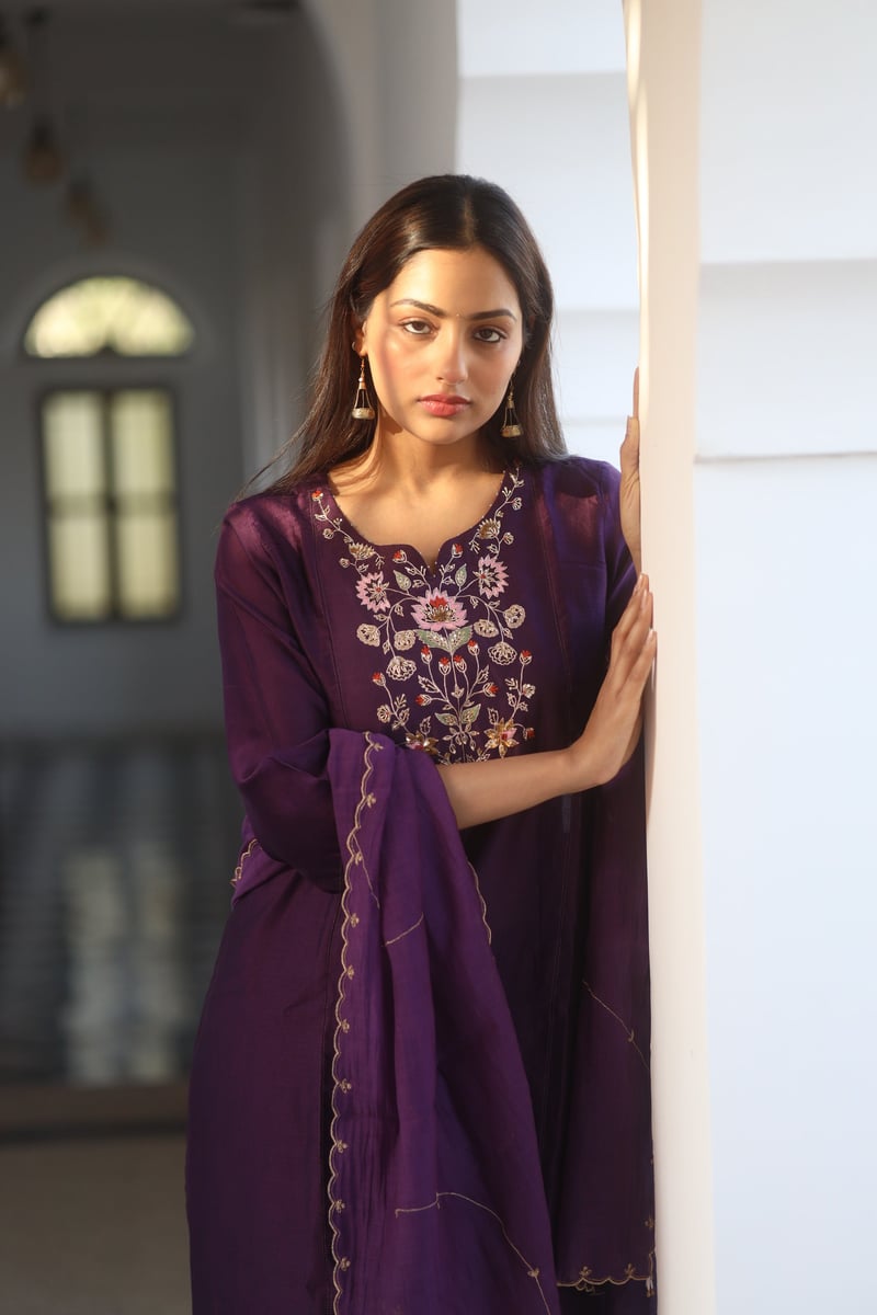 Purple Embroidered Chanderi Straight Kurta Set with Dupatta