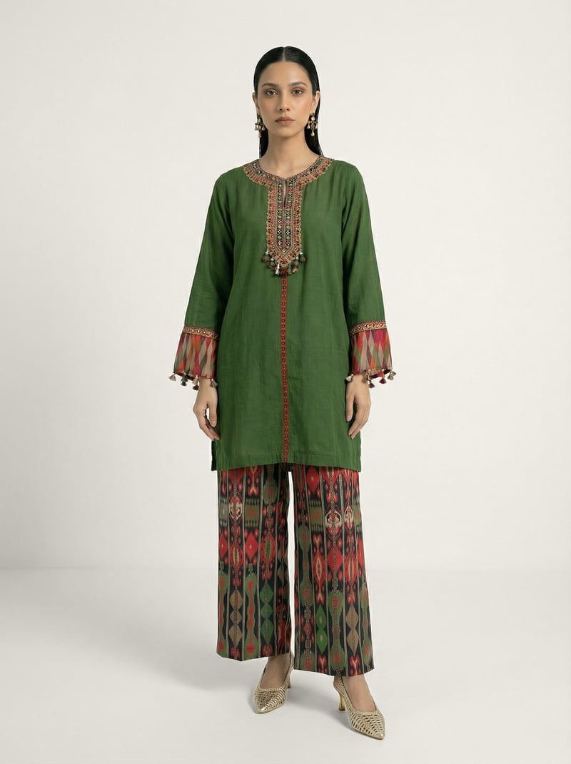 Green Muslin Silk Kurta and Wide-Leg Pants Co-ord Set — SAUNDH