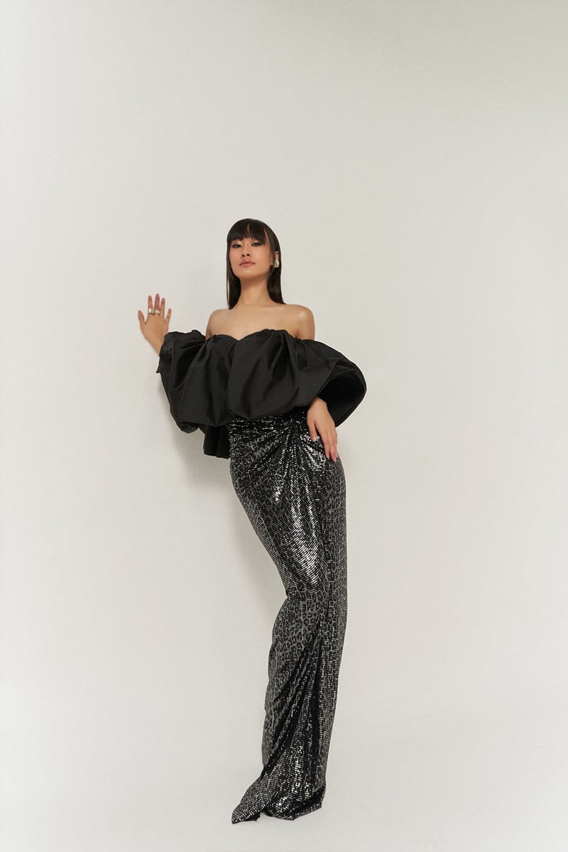 Off-Shoulder Balloon Top and Sequin Maxi Skirt Co-ord Set